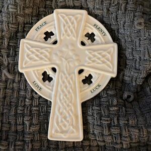 White Ceramic Celtic Cross Plaque with 'Peace Love Plenty Luck'